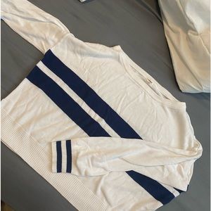 Garage knit sweater, navy blue and white, slightly cropped size small